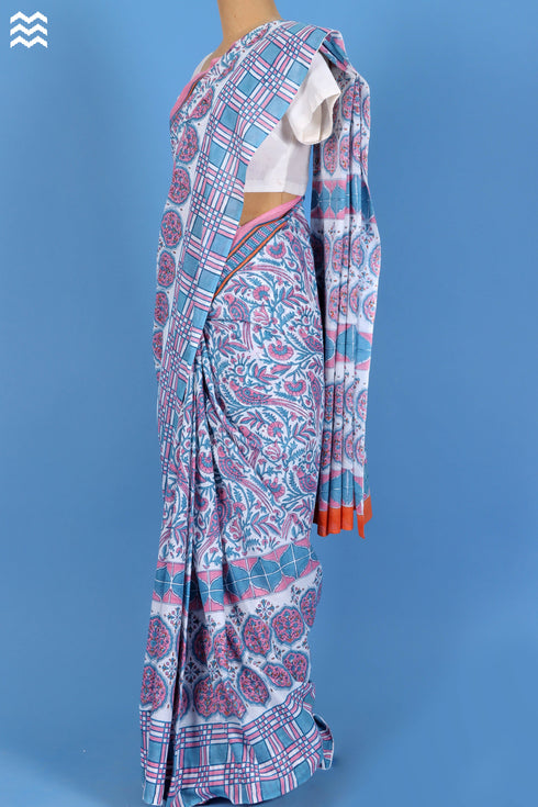 Mulmul Cotton Saree With Fall In Floral Block Print